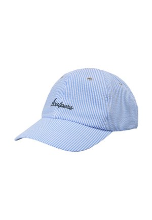 Gorra de béisbol a rayas en azul claro y blanco con texto bordado negro "scalpers" en la parte delantera y ojales metálicos en los paneles superiores.