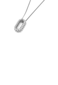Silver chain necklace with an oval pendant featuring a border of small white pearls and inner row of clear crystals.