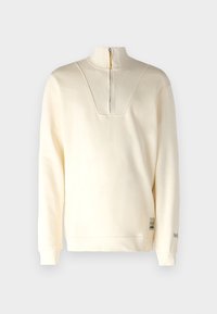 Felpa color crema con collo a mezza zip, trama a coste sul collo e dettaglio logo sottile sulla manica. Finitura del tessuto liscia.