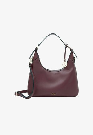 Bordeaux leren hobo tas met een geprofileerde textuur. Heeft een schouderriem, verstelbare zijkanten en een gouden logo detail.