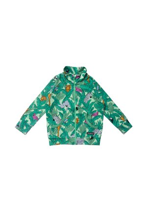 Groene jas met rits en patroon van junglebladeren en dieren zoals zebra, giraffe, neushoorn, toekan en flamingo.