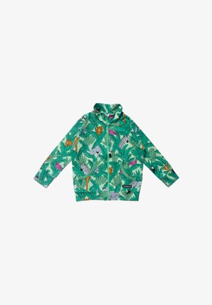 Veste zippée verte ornée de feuilles de jungle et d'animaux tels que zèbre, girafe, rhinocéros, toucan et flamant rose répartis sur l'ensemble.