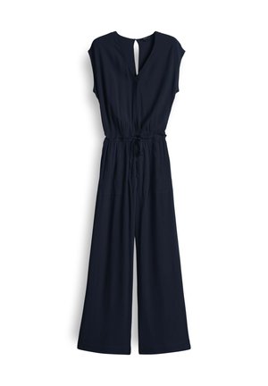 Navy blue wide-leg jumpsuit with short sleeves, V-neck, drawstring waist, and keyhole back detail, made from a soft, smooth fabric.