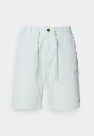 Shorts en coton vert clair avec une taille élastique et un cordon de serrage. Comprend une fermeture à bouton, des poches latérales et une coupe droite.