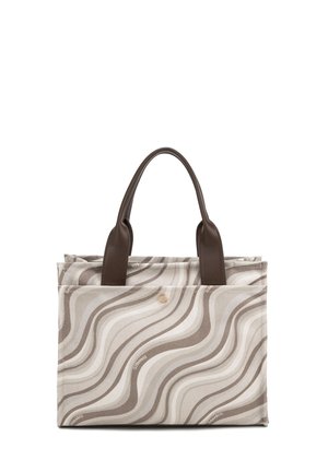 Canvas draagtas met beige en bruine golvende print, bruine leren handvatten en een voorvak met drukkersluiting.