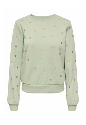 Mintgroene sweatshirt met gouden hartpatronen, ronde halslijn, geribde mouwen en zoom. Gemaakt van zachte stof voor comfort.
