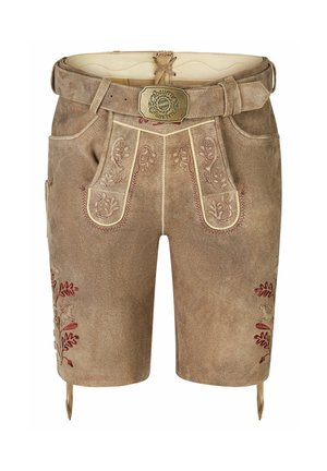 Shorts traditionnels lederhosen en daim marron avec broderie florale, bordure beige, rabat avant et ceinture décorative avec boucle Bayern München.