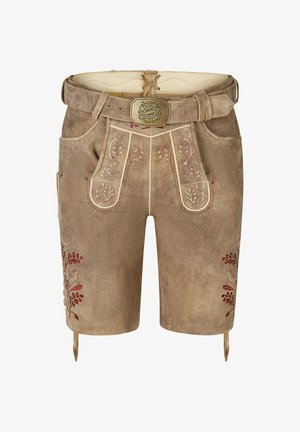 Braune traditionelle Lederhosen-Shorts aus Wildleder mit Blumenstickerei, beigem Besatz, Klappe vorne und dekorativem Gürtel mit Bayern München Schnalle.