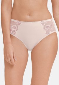 Light pink brief with floral lace detailing in lavender, featuring a ribbed texture and scalloped trim along the edges.
