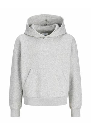 Vaaleanharmaa huppari, jossa etutasku ja pieni valkoinen "JJXX STUDIO"-teksti rinnassa, resorit hihoissa ja helmassa.