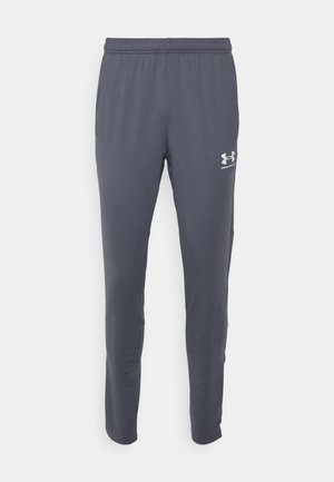 Pantalons de sport gris en tissu léger avec une coupe ajustée, une ceinture élastique et des poches latérales. Présente un détail de logo blanc.