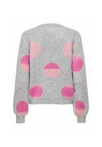 Pull gris en tricot avec des pois rose et pêche en demi-teintes à l'arrière et sur les manches, poignets et ceinture côtelés.