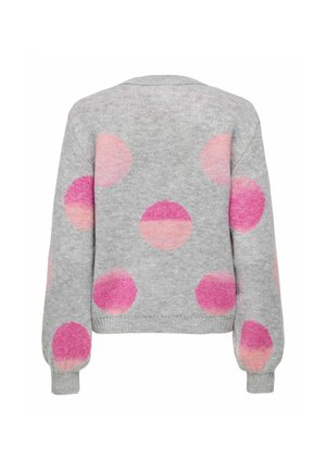 Pull gris en tricot avec des pois rose et pêche en demi-teintes à l'arrière et sur les manches, poignets et ceinture côtelés.