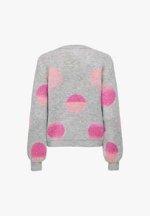 Szary sweter z dzianiny z różowymi i brzoskwiniowymi polka dotami w stylu half-and-half na plecach i rękawach, z prążkowanymi mankietami i pasem.