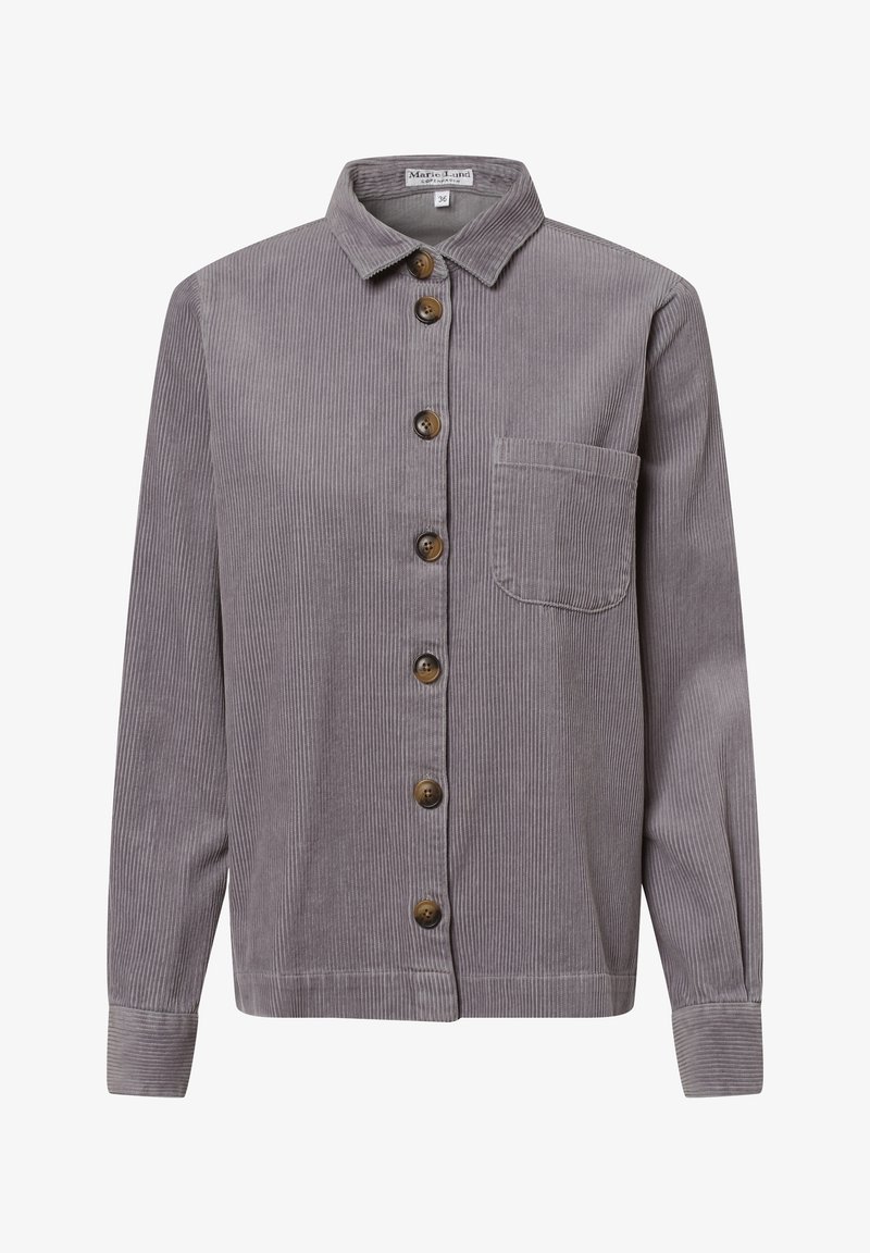 Chemise grise en velours côtelé manches longues, boutons devant, une poche poitrine et col ouvert, taille 36.