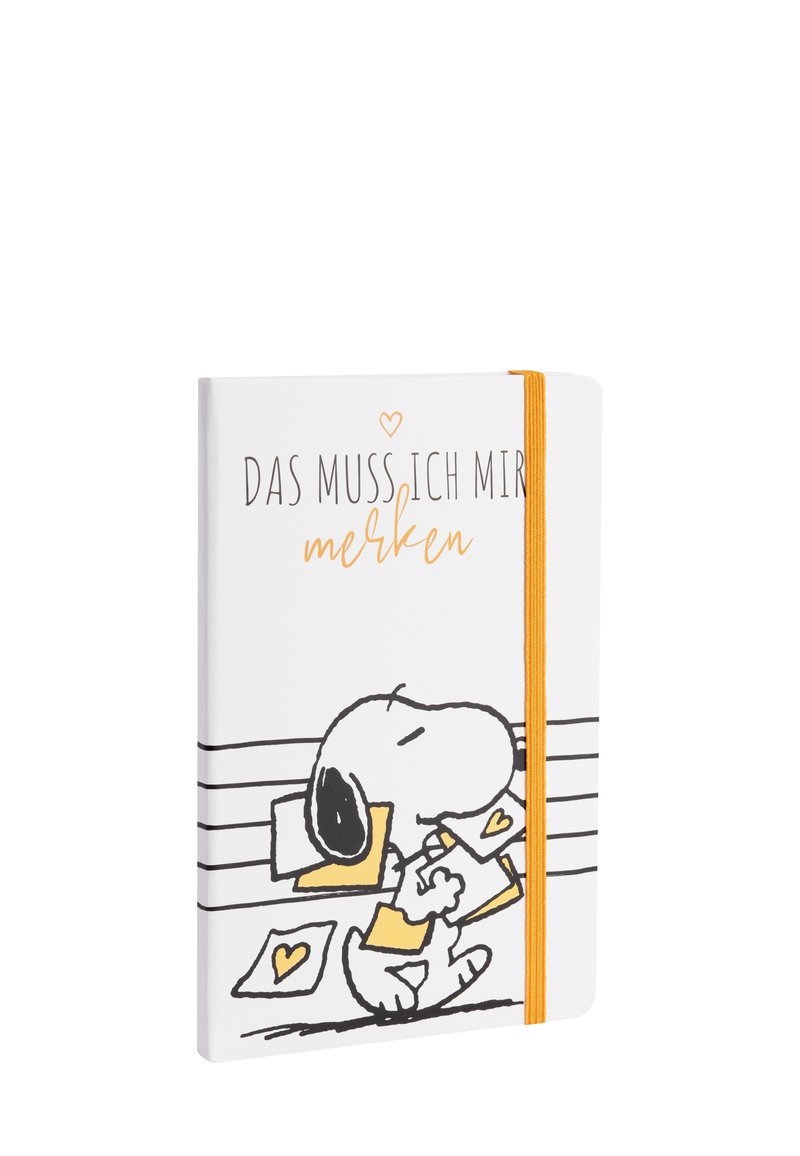 Quaderno bianco con contorni neri di Snoopy che trasporta lettere. Dotato di una fascia elastica arancione e testo stampato in grigio e arancione.