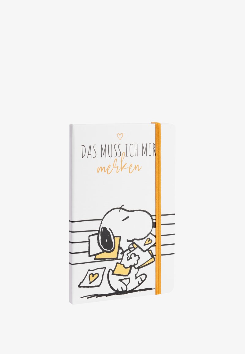 Quaderno bianco con contorni neri di Snoopy che trasporta lettere. Dotato di una fascia elastica arancione e testo stampato in grigio e arancione.