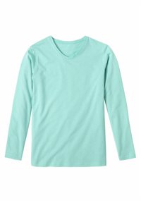 Ljus teal långärmad V-ringad t-shirt gjord av mjukt bomullstyg. Har en slät yta med en avslappnad passform och överlockade sidsömmar.