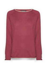 Top a maniche lunghe color cranberry realizzato in tessuto leggero. Presenta un colletto tondo e dettagli crema attorno al collo e ai polsini con bottoni.