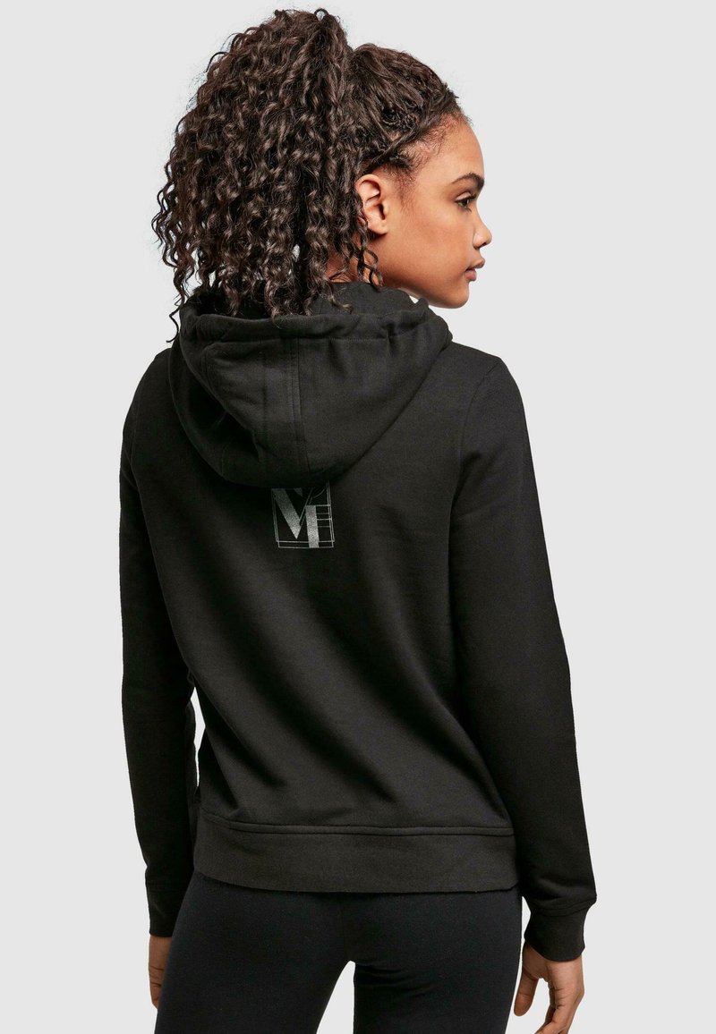 Black hoodie with a drawstring hood, featuring a subtle logo on the back. Made from soft fabric, with ribbed cuffs and hem.