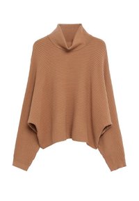 Cropped, ribbed sweater in a warm brown color with a cowl neckline and wide sleeves, featuring a soft texture and relaxed fit.