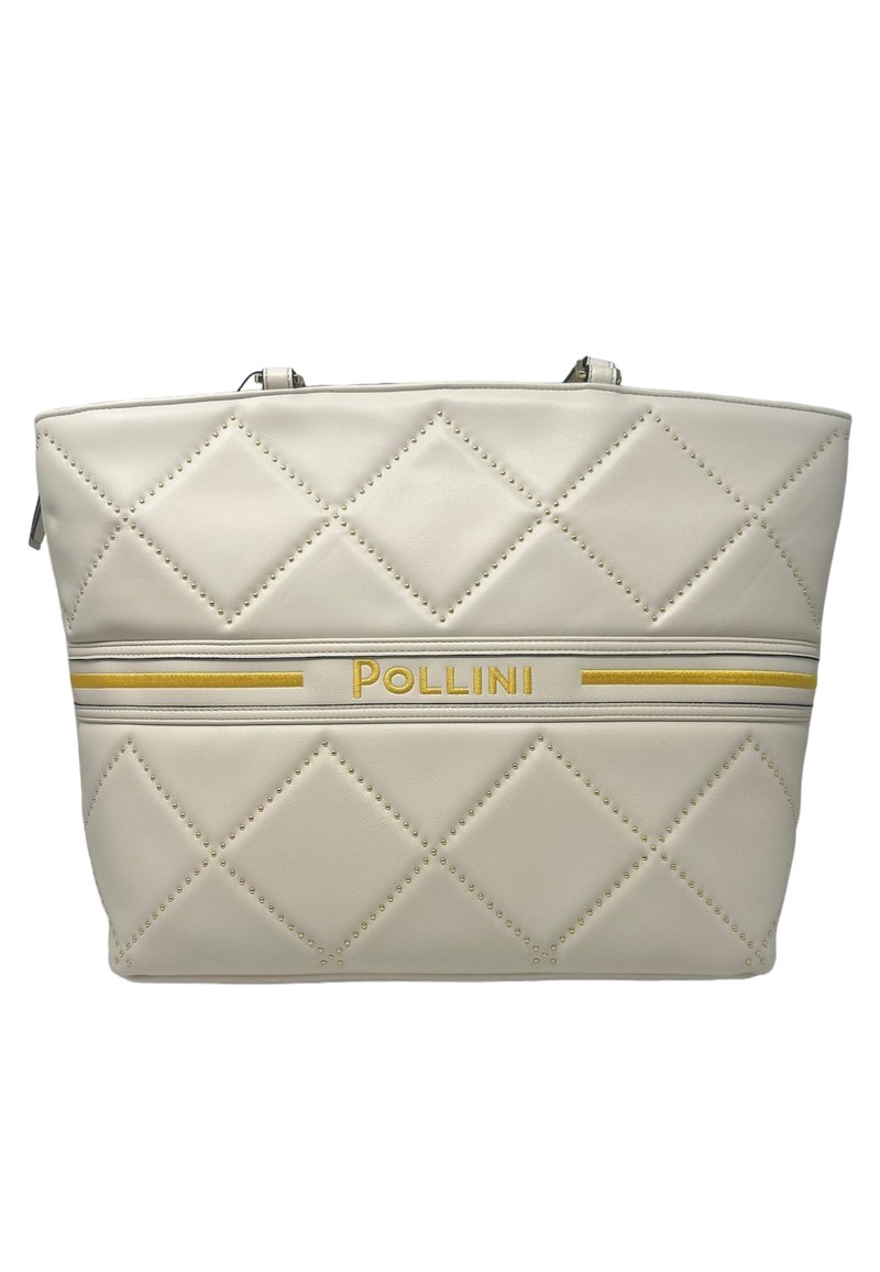 Borsa a tote in finta pelle beige trapuntata con accenti borchiati, hardware dorato e dettaglio del logo a strisce dorate. Manici superiori doppi.