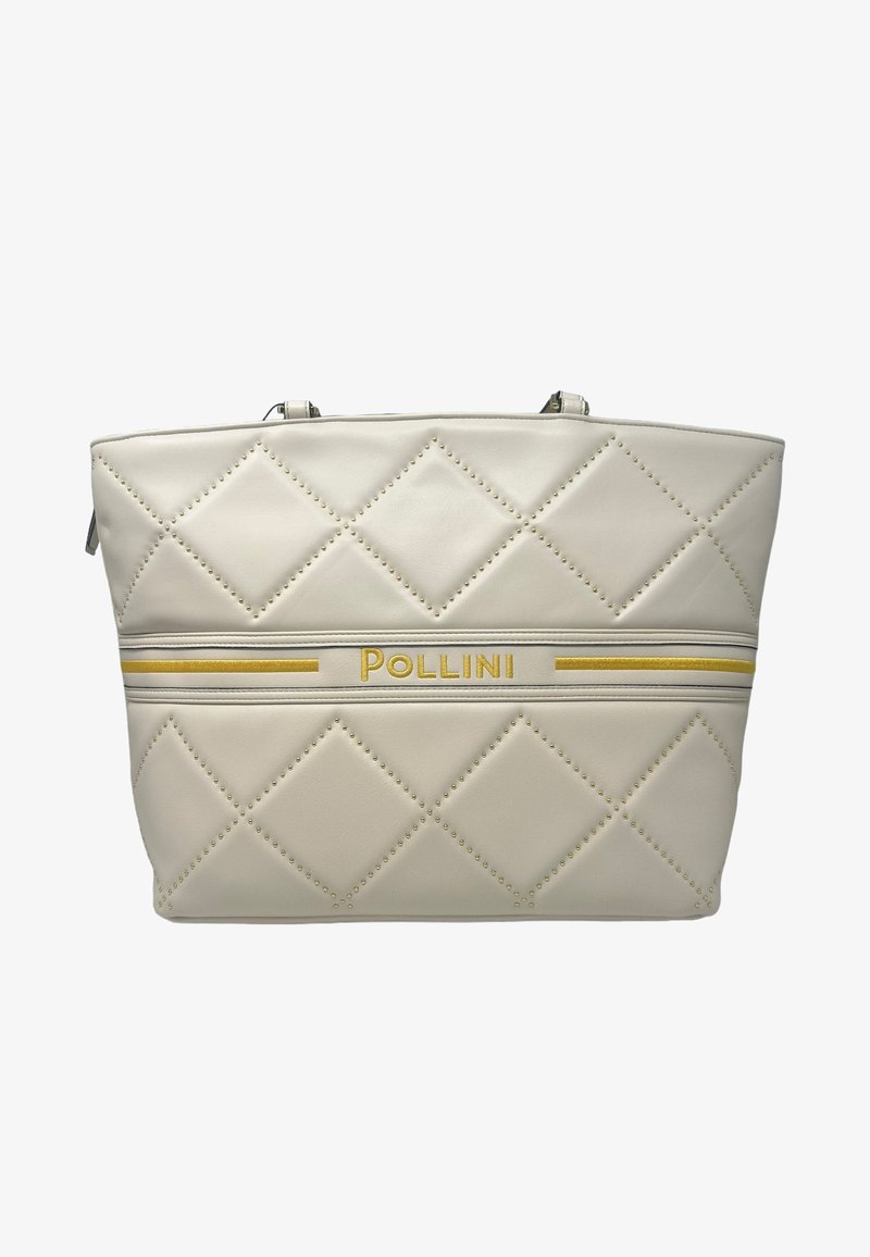 Borsa a tote in finta pelle beige trapuntata con accenti borchiati, hardware dorato e dettaglio del logo a strisce dorate. Manici superiori doppi.