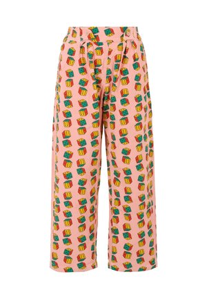 Pantalons rose amples avec un imprimé intégral de dés colorés en vert, rouge et jaune. Doublés d'une taille froncée et de jambes larges.