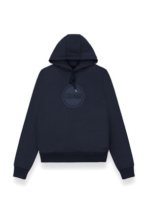 Sweat à capuche bleu marine avec cordon de serrage, arborant un logo circulaire dans une teinte de bleu plus foncée au centre, avec des poignets et un ourlet côtelés.