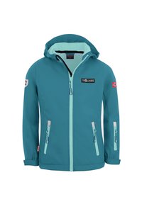 Türkise Kinderjacke mit einer hellblauen Innenauskleidung, verstellbare Kapuze und zwei vorderen Reißverschlusstaschen. Verfügt über Logo- und Flaggenakzente.