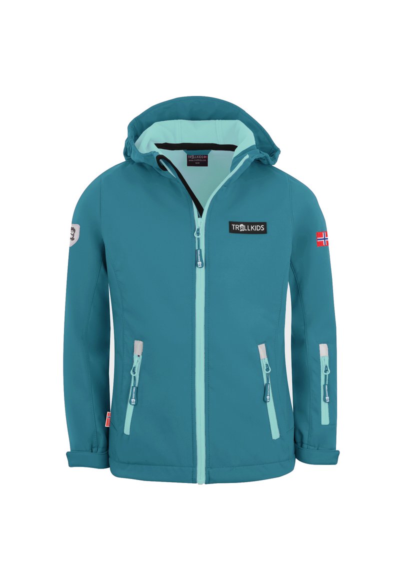 Türkise Kinderjacke mit einer hellblauen Innenauskleidung, verstellbare Kapuze und zwei vorderen Reißverschlusstaschen. Verfügt über Logo- und Flaggenakzente.