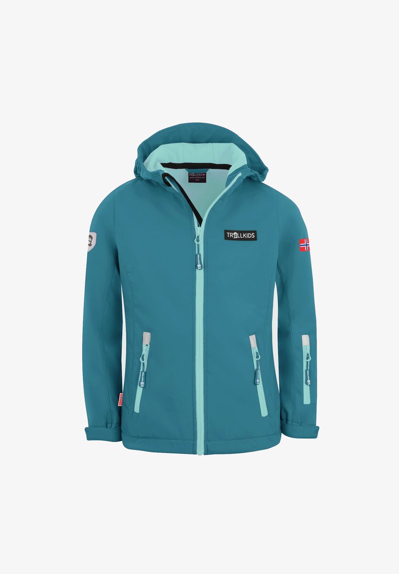 Teal children's jacket with a light blue inner lining, adjustable hood, and two front zipper pockets. Features logo and flag accents.