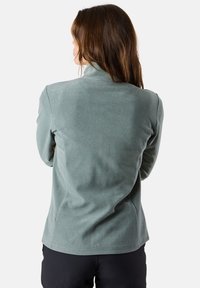 Fleece pullover in soft, muted green color, featuring a high collar and long sleeves. The fabric has a smooth texture.
