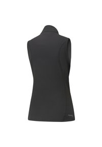 Czarny bezrękawnik z wysokim kołnierzem, wykonany z gładkiego, elastycznego materiału. Posiada dyskretne oznaczenie marki z boku oraz dopasowany krój.