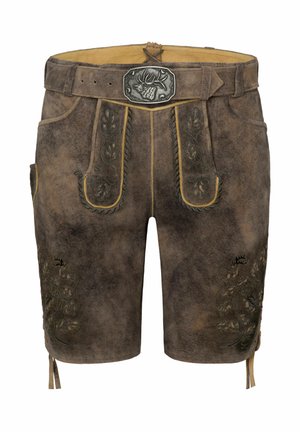 Bruine leren shorts met bloemenborduurwerk op de zakken, een decoratieve riem met een metalen gesp, en verstelbare strikjes aan de zoom.