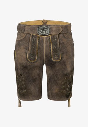 Braune Ledershorts mit floralen Stickereien auf den Taschen, einem dekorativen Gürtel mit Metallschnalle und verstellbaren Bindebändern am Saum.