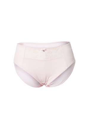 Lichtroze damesonderbroek met kanten paneel en klein strikdetail aan de voorkant, gemaakt van gladde stof met een ontwerp dat volledige bedekking biedt.