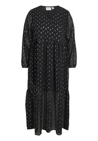 Vestido negro de tela ligera con escote en V y mangas largas. Presenta un patrón de puntos plateados dispersos y una falda en capas.