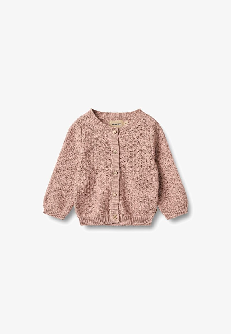 Różowy dzianinowy kardigan dla niemowląt z długimi rękawami, zapinany na guziki z teksturowanym wzorem na białym tle.