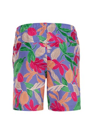 Pantaloni shorts in tessuto leggero con un vivace motivo floreale in elementi rosa, verde, arancione e beige su uno sfondo blu. Vita elastica.