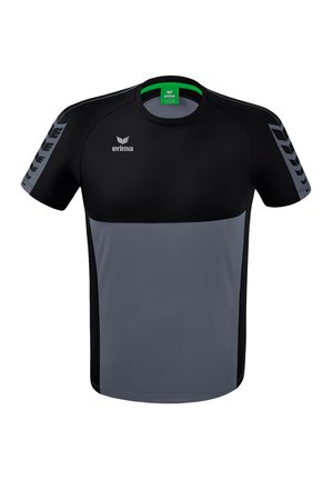 Zwart en grijs sportshirt met korte mouwen en een ronde halslijn, voorzien van een gladde textuur, een logo op de borst en grijze zijaccenten.