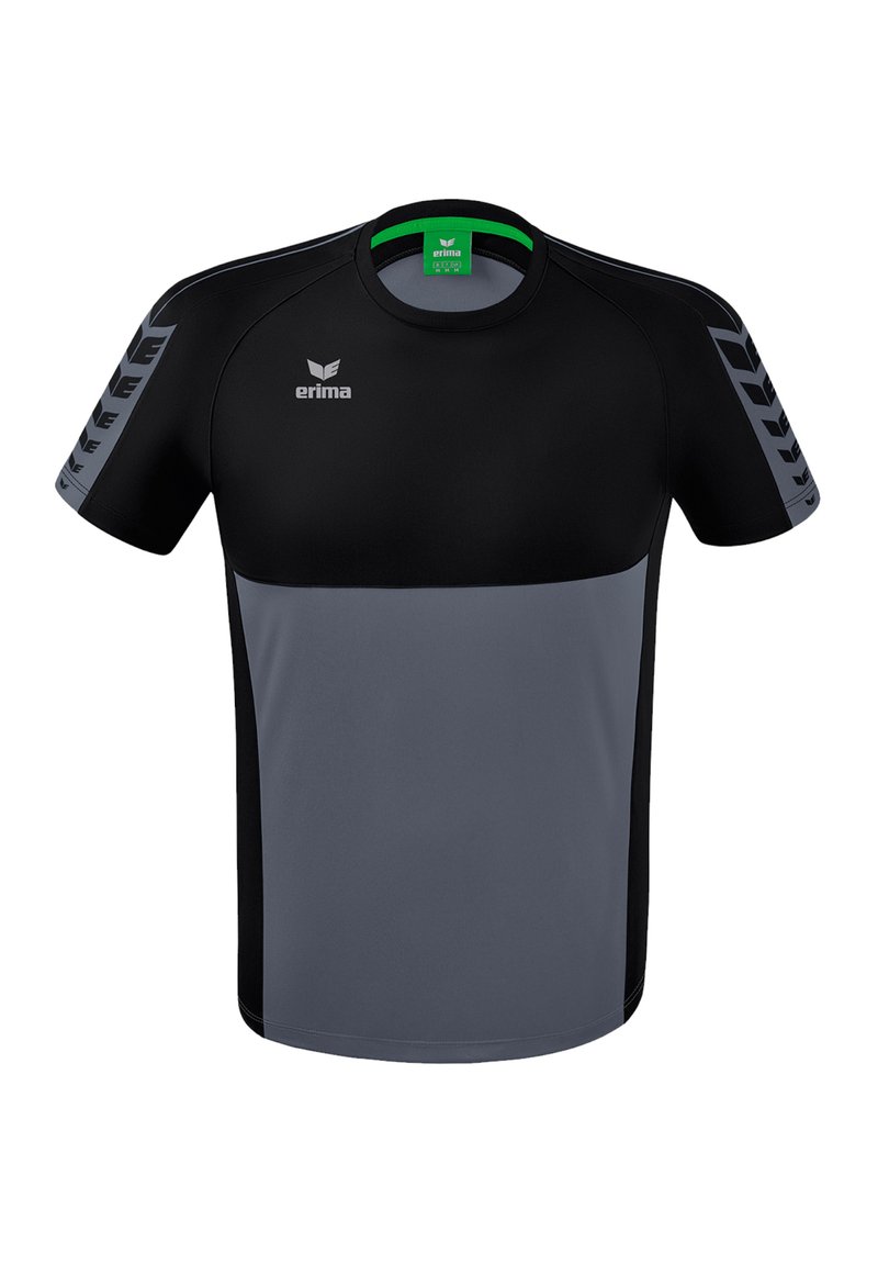 Maillot de sport noir et gris à manches courtes avec un col rond, présentant une texture lisse, un logo sur la poitrine et des accents gris sur les côtés.