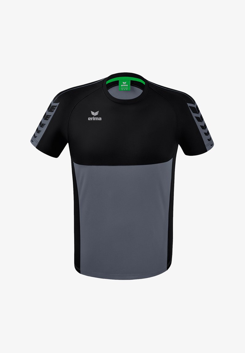 Maillot de sport noir et gris à manches courtes avec un col rond, présentant une texture lisse, un logo sur la poitrine et des accents gris sur les côtés.
