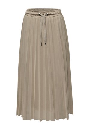 Jupe midi plissée beige avec taille élastique et cordon de serrage, fabriquée en tissu léger.