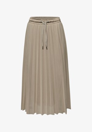 Jupe midi plissée beige avec taille élastique et cordon de serrage, fabriquée en tissu léger.