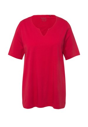 Rode T-shirt met korte mouwen van katoen, met een V-halsontwerp en een ontspannen pasvorm, met een zachte textuur en zonder zichtbare patronen of accenten.