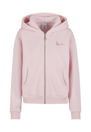 Sweat à capuche zippé rose en tissu doux, avec une poche kangourou, des poignets et un ourlet côtelés, et un petit logo brodé sur la poitrine.