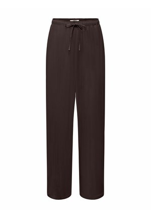 Pantalon ample brun foncé avec taille élastique et cordon à l'avant, coupe droite.