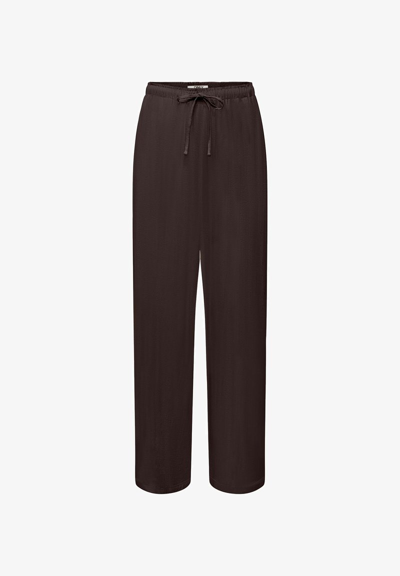 Pantalon ample brun foncé avec taille élastique et cordon à l'avant, coupe droite.