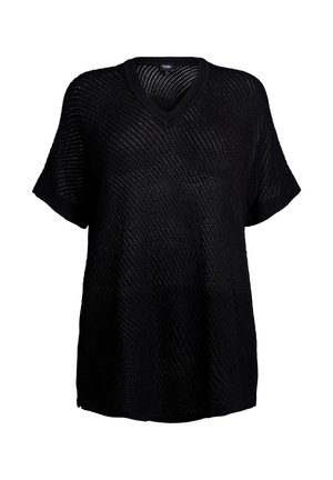 Black short-sleeve V-neck top featuring a loose, knit texture with a wave pattern, soft fabric, and a relaxed fit design.